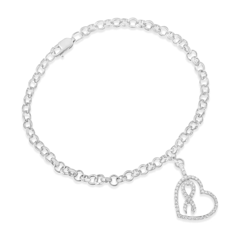 Bids.com .925 Sterling Silver 1/4 Cttw Diamond-Accented Heart and Ribbon Charm 7" Link Chain Bracelet (H-I Color, I1-I2 Clarity) Bracelets