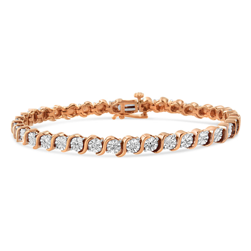 Bids.com 14K Rose Gold Plated .925 Sterling Silver 1/10 Cttw Diamond Round Miracle Plate and "S" Link Tennis Bracelet (I-J Color, I2- I3 Clarity) - 7" Bracelets