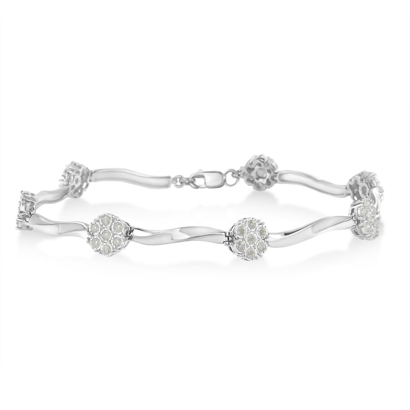 Bids.com .925 Sterling Silver 1.0 cttw Miracle-Set Diamond 7 Stone Floral Cluster Link Bracelet (I-J Color, I3 Clarity) -7" Bracelets