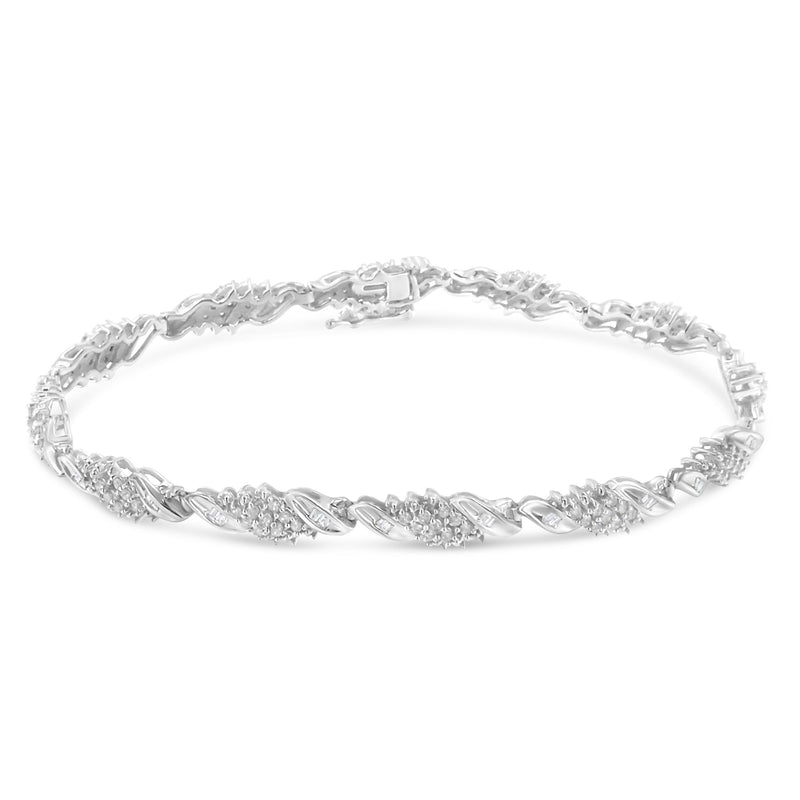 Bids.com .925 Sterling Silver 1-1/2 Cttw Round and Baguette Cut Diamond Wave Link Bracelet (I-J Color, I2-I3 Clarity) - 7" Bracelets