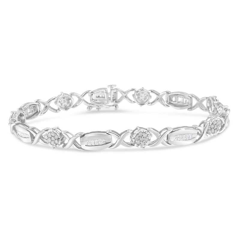 Bids.com .925 Sterling Silver 1.0 Cttw Round-Cut and Baguette-Cut Diamond X-Link Bracelet (I-J Color, I1-I2 Clarity) - 7" Bracelets