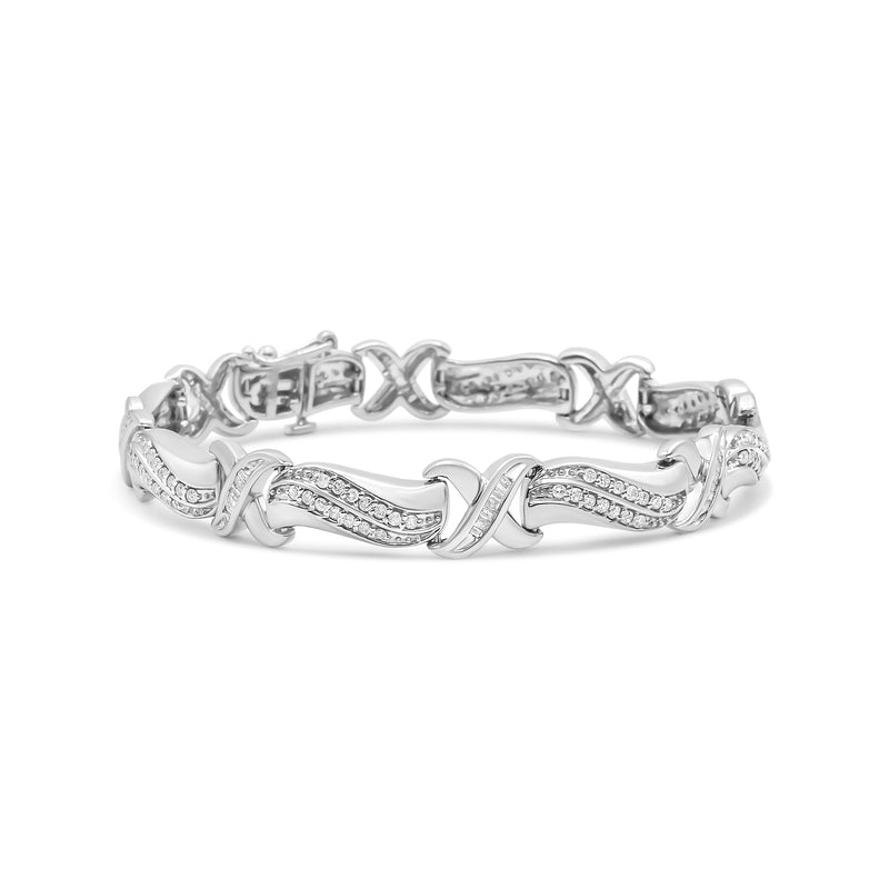 Bids.com .925 Sterling Silver 1 3/4 Cttw Diamond Wave and X Link Tennis Bracelet (I-J Color, I3 Clarity) - 7" Bracelets