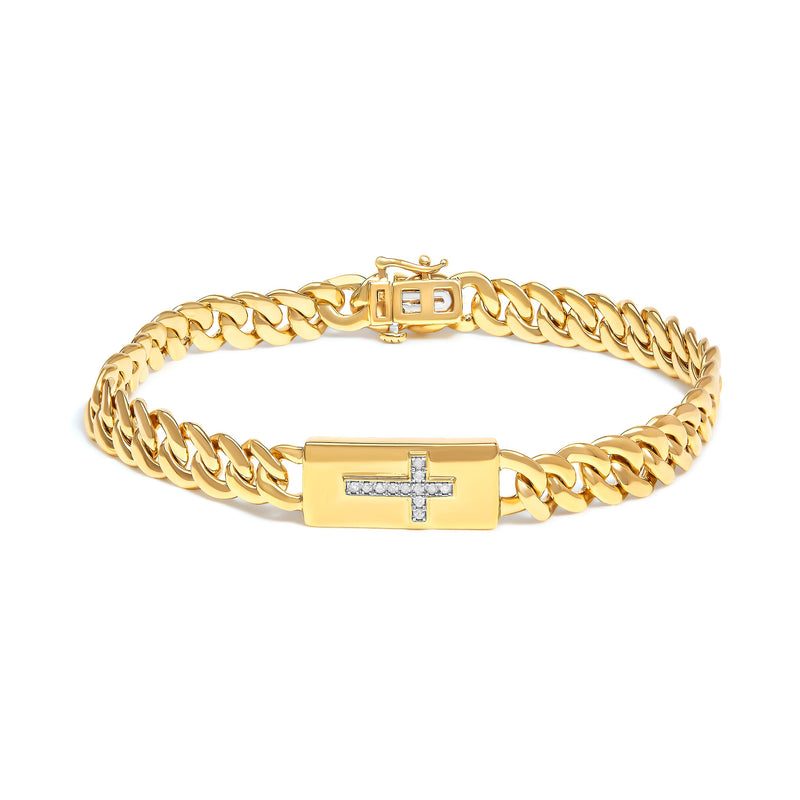 Bids.com 14K Yellow Gold Plated .925 Sterling Silver Diamond Accent Inlaid Cross Cuban Link Bracelet (I-J Color, I3 Clarity)-  7.25" Bracelets