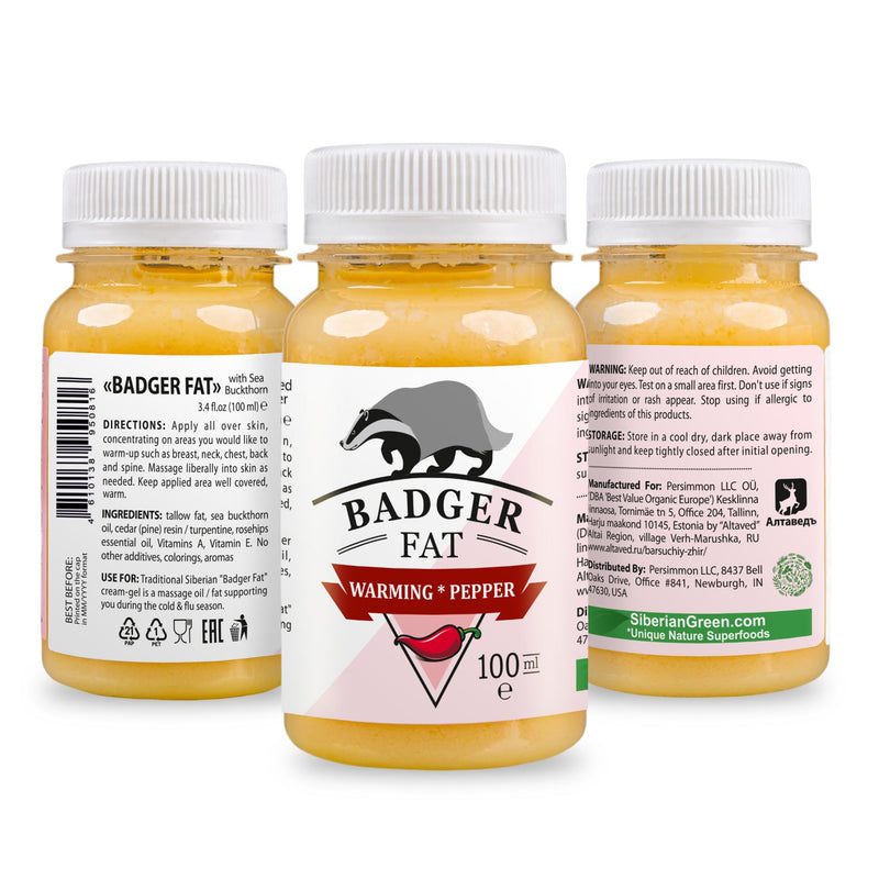 SiberianGreen.com Siberian Badger Fat Cream-Gel – Warming Formula with Eucalyptus, Mint, and Red Pepper | 100ml Massage Oil