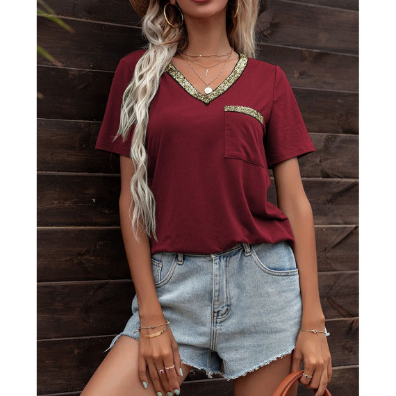 Glitter V-Neck Short Sleeve Tee Shirt