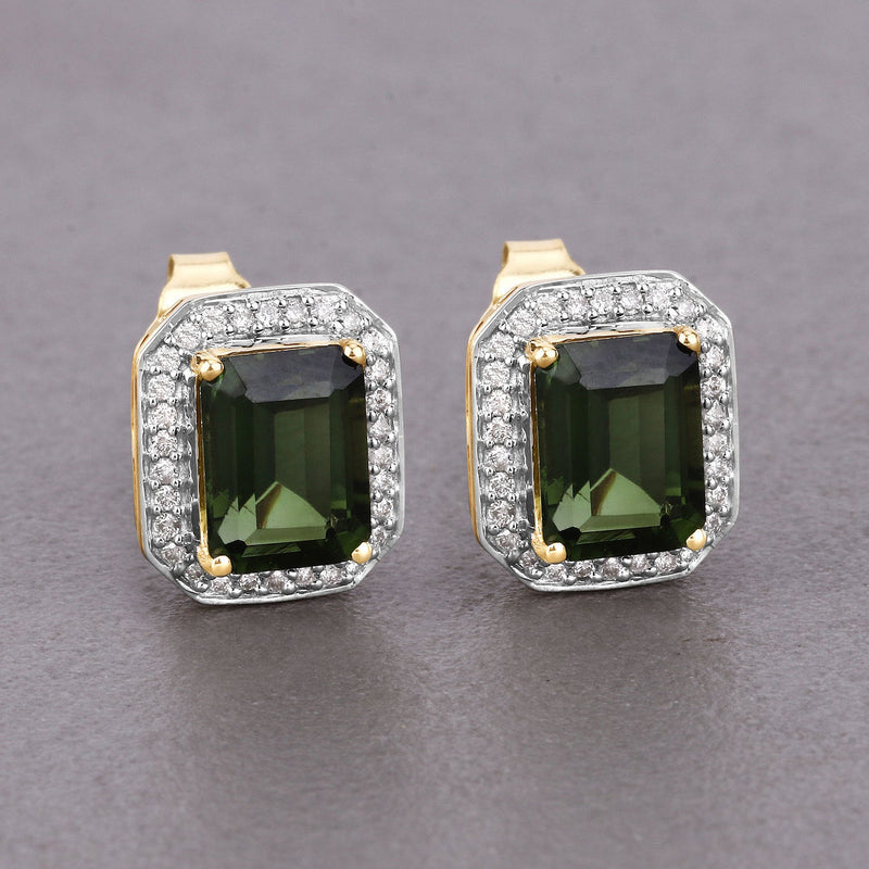 Bids.com 3.57 Carat Genuine Green Tourmaline and White Diamond 14K Yellow Gold Earrings Earrings