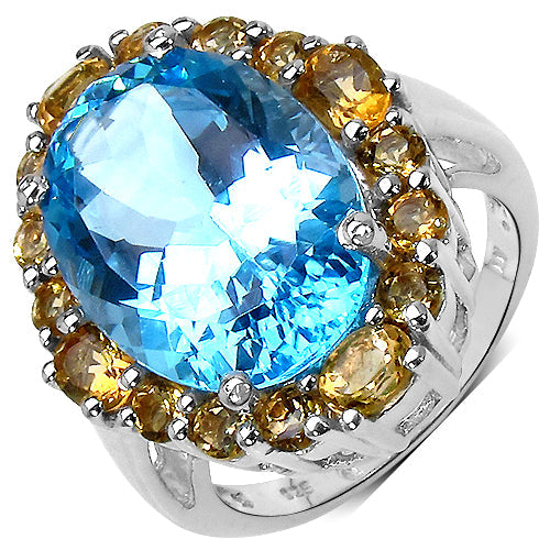 Bids.com 12.73 Carat Genuine Blue Topaz & Citrine .925 Sterling Silver Ring Rings