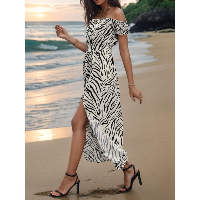 Slit Animal Print Off-Shoulder Midi Dress