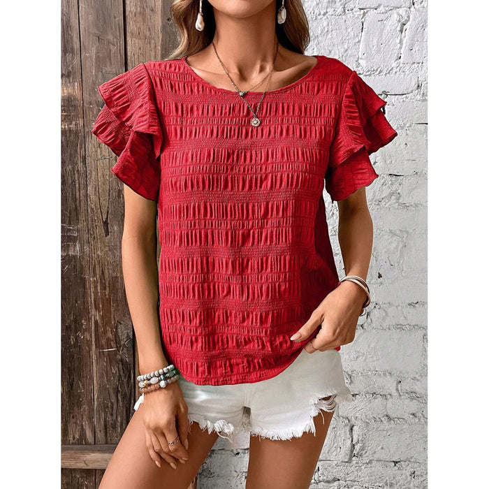 Round Neck Flounce Sleeve Blouse