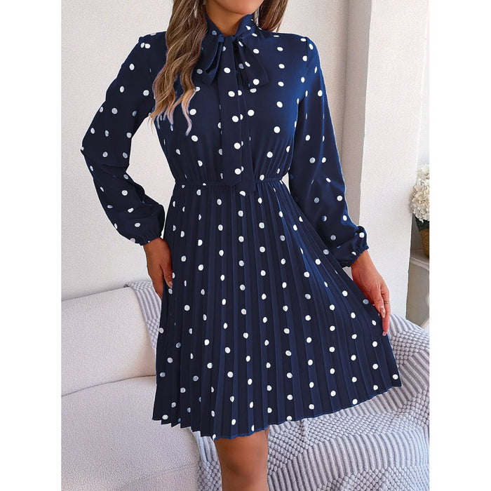 Polka Dot Tie Neck Pleated Dress