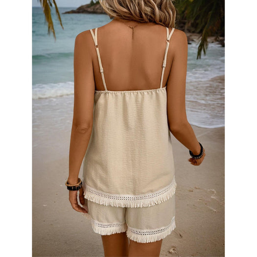 Fringe Square Neck Cami and Shorts Set