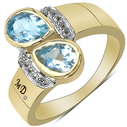 Bids.com 14K Yellow Gold Plated 1.86 Carat Genuine Blue Topaz, White Topaz & White Diamond .925 Sterling Silver Ring Rings