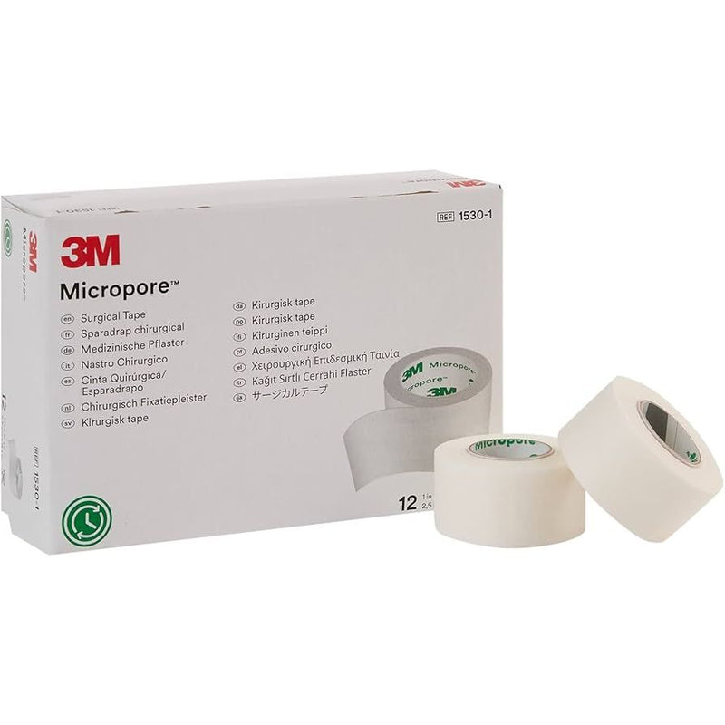 3M 3M Micropore Medical Tape, 1" x 10 Yards, White Paper Surgical Tape - Box of 12 Rolls First Aid