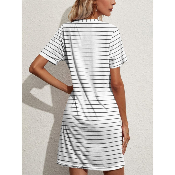 Pocketed Striped Round Neck Short Sleeve Dress