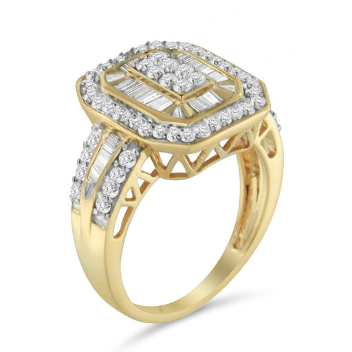 Bids.com 10K Yellow Gold 1.0 Cttw Diamond Vintage Inspired Baguette-Cut Double Halo Emerald-Shaped Frame Cocktail Ring (I-J Color, I1-I2 Clarity) - Size 6-1/2 Rings