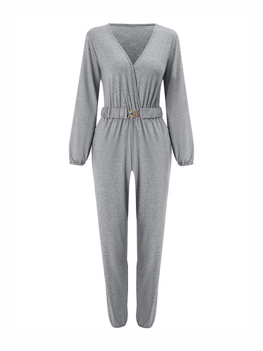 Long Sleeves Belted Elasticity V-Neck Jumpsuits by migunica