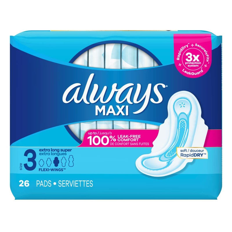 Always Always Maxi Size 3 Extra Long Super Absorbency 6x26ct Feminine Pads & Protectors
