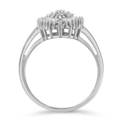 Bids.com 10K White Gold 1/2 Cttw Round & Baguette Cut Diamond Pear Shaped Domed PavÃ© Cluster with Halo Cocktail Ring (H-I Color, SI1-SI2 Clarity) - Size 5 Rings