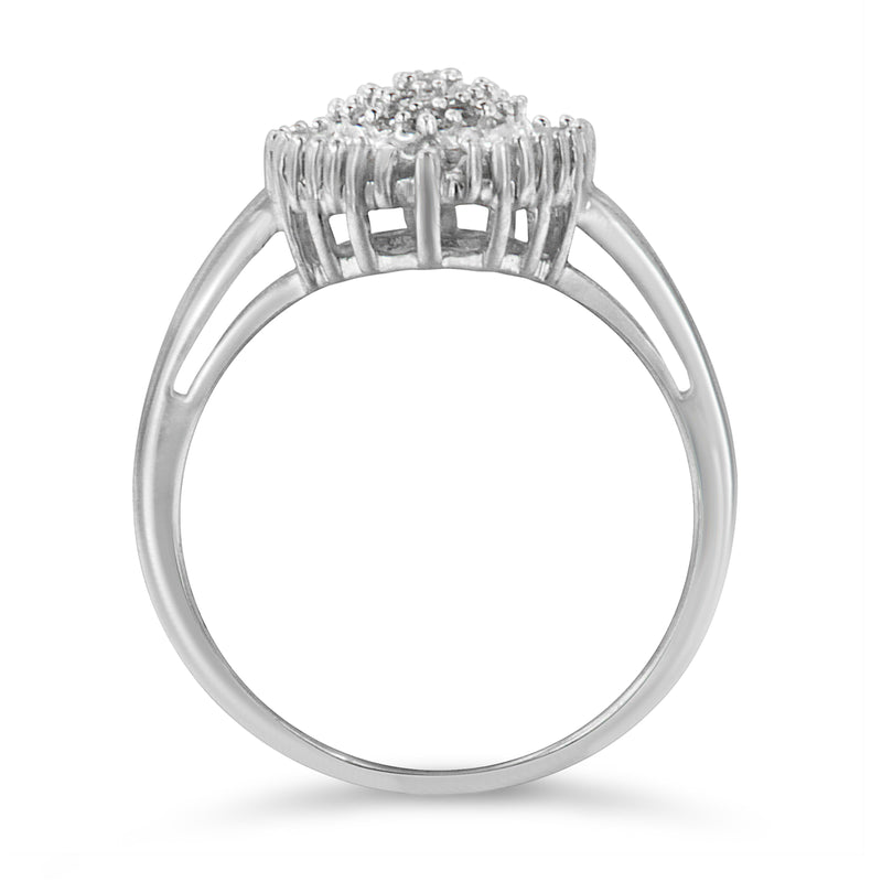 Bids.com 10K White Gold 1/2 Cttw Round & Baguette Cut Diamond Pear Shaped Domed PavÃ© Cluster with Halo Cocktail Ring (H-I Color, SI1-SI2 Clarity) - Size 5 Rings