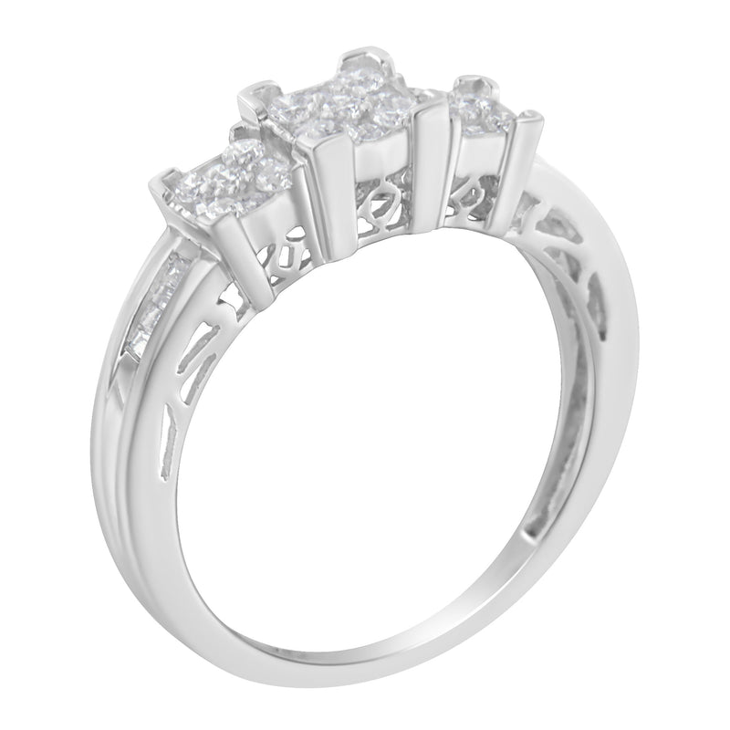 Bids.com 10K White Gold 1/2 Cttw Brilliant & Baguette Cut Diamond 3 Stone Design with 3 Square Clusters Engagement Ring (H-I Color, SI2-I1 Clarity) - Size 6-3/4 Rings