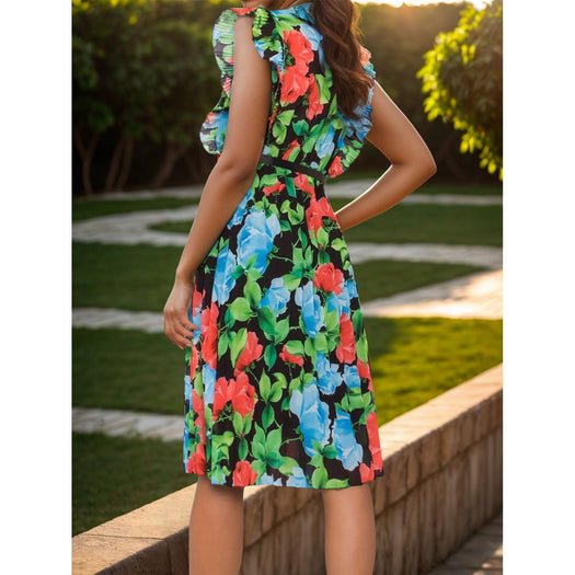 Ruffled Printed Surplice Cap Sleeve Dress