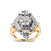 Bids.com 10K Yellow Gold 1 Cttw Round and Baguette cut Diamond Cluster and Rhombus Halo Ring (H-I Color, I1-I2 Clarity) - Ring Size 7 Rings