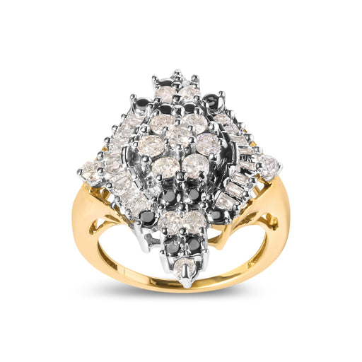 Bids.com 10K Yellow Gold 1 Cttw Round and Baguette cut Diamond Cluster and Rhombus Halo Ring (H-I Color, I1-I2 Clarity) - Ring Size 7 Rings
