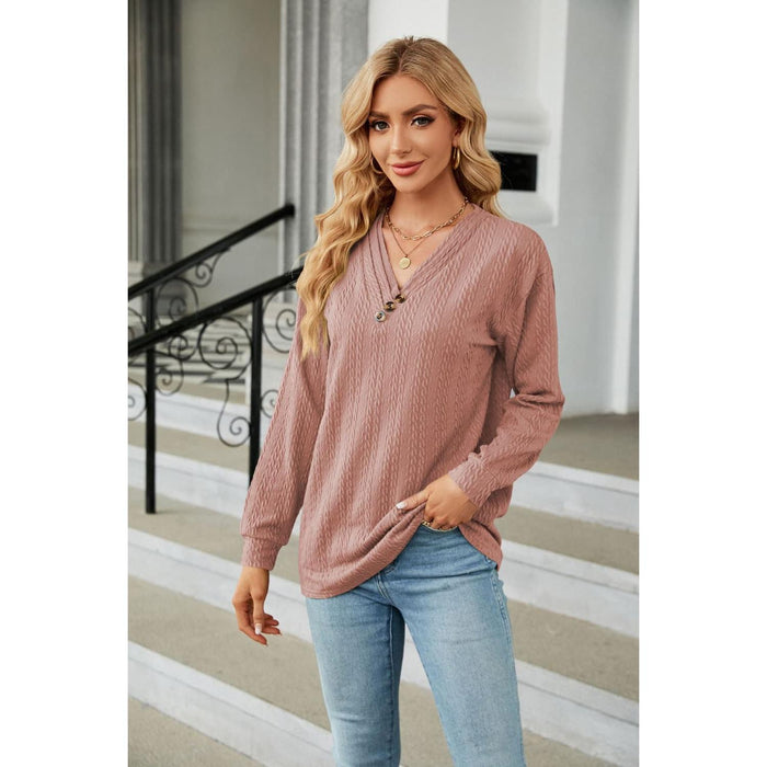 Decorative Button V-Neck Long Sleeve T-Shirt