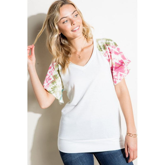 V NECK SHORT FLAIR SLEEVE TOP