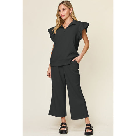 Texture Ruffle Short Sleeve Top and Drawstring Wide Leg Pants Set