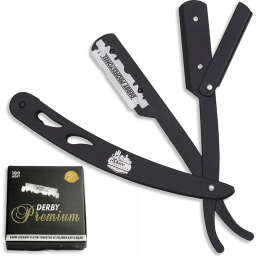 The Shave Factory Straight Edge Razor Kit (Black / 100 Derby Premium Single Edge Razor Blades)