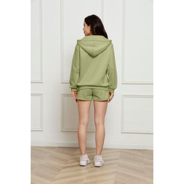 Zip Up Drawstring Hoodie and Shorts Set