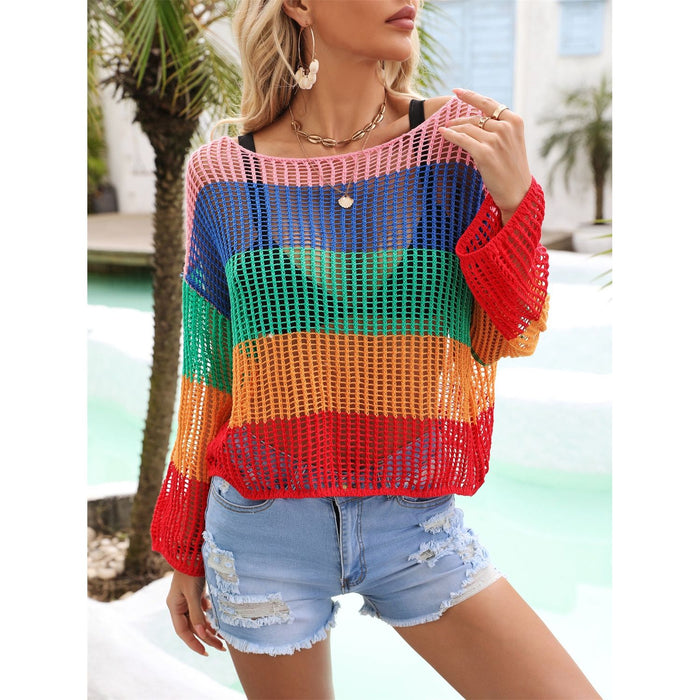 Color Block Openwork Boat Neck Cover Up