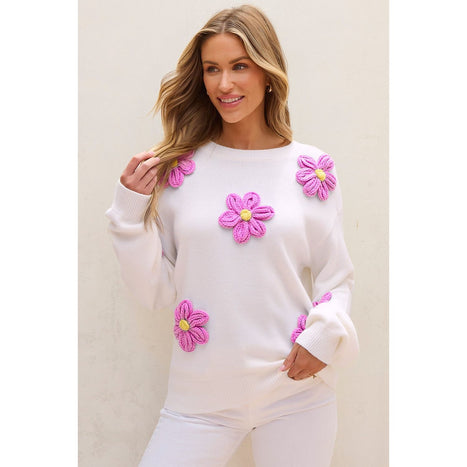 Crochet Flower Round Neck Long Sleeve Sweater