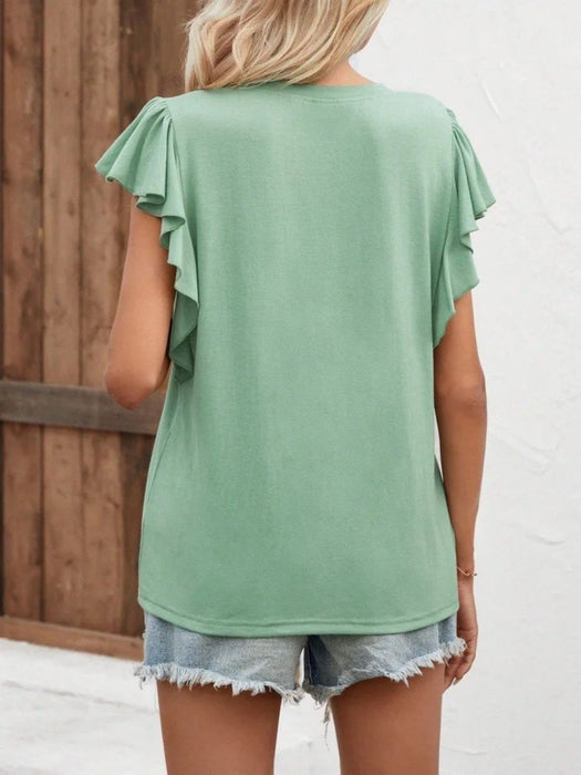 Ruffled Notched Cap Sleeve T-Shirt