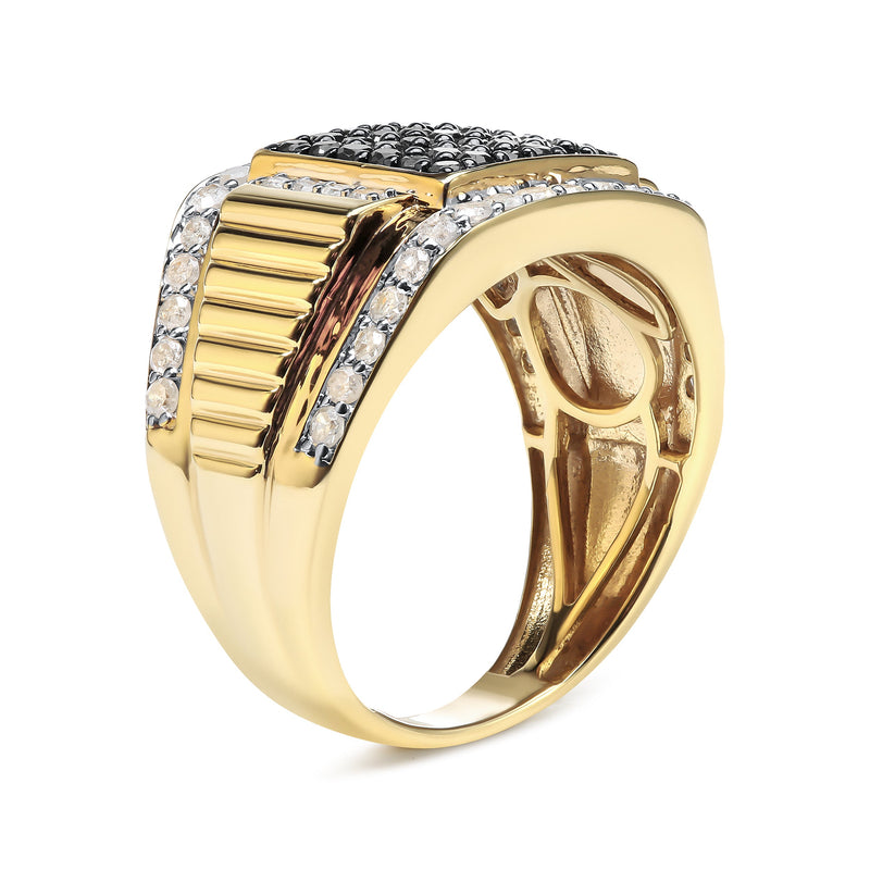 Bids.com Men's 14K Yellow Gold Plated .925 Sterling Silver 1 1/2 Cttw White and Black Treated Diamond Cluster Ring (Black / I-J Color, I2-I3 Clarity) - Size 10 Rings