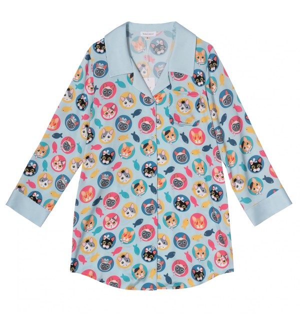 Cat Print Blue Sleep Shirt