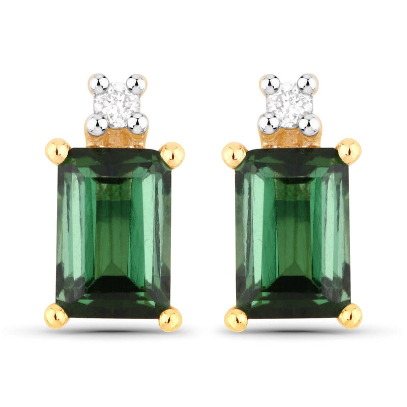 Bids.com 1.24 Carat Genuine Green Tourmaline and White Diamond 14K Yellow Gold Earrings Earrings