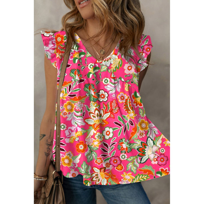 Ruffled Printed Surplice Cap Sleeve Blouse