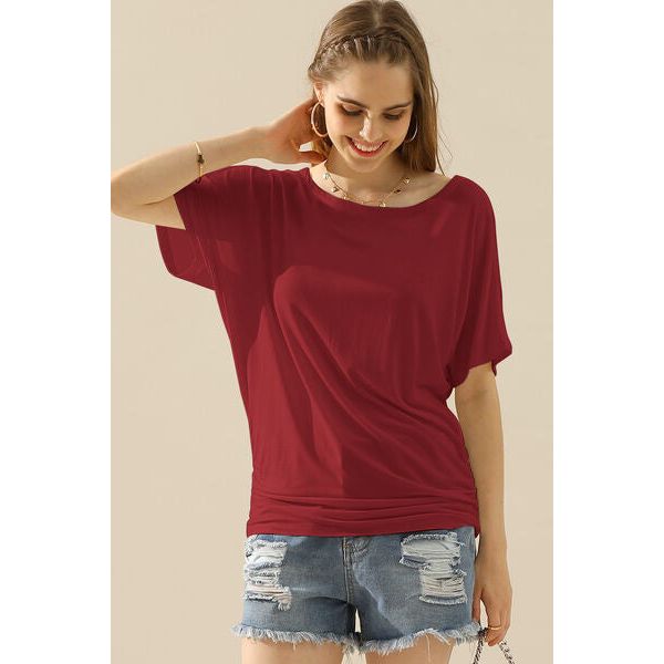 Ninexis Boat Neck Short Sleeve Ruched Side Top