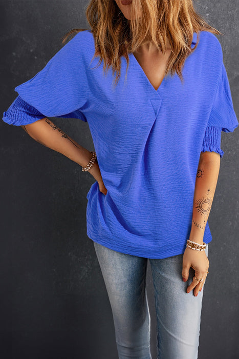 Smocked Johnny Collar Half Sleeve Blouse