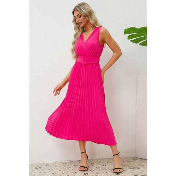 Surplice Sleeveless Midi Pleated Dress