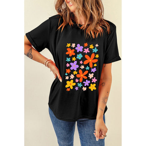 Flower Graphic Round Neck Short Sleeve T-Shirt