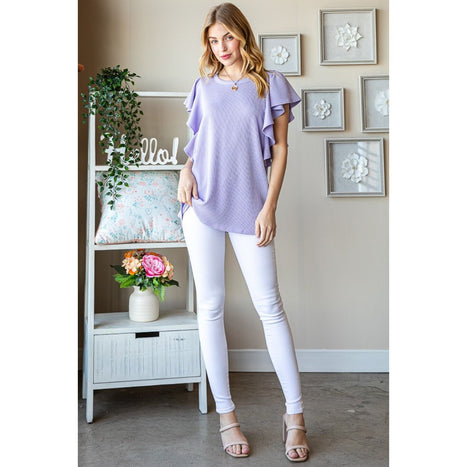 Ruffled Sleeve Ribbed Top