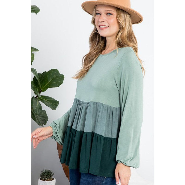 COLOR BLOCK RUFFLE TIERED SWING TOP