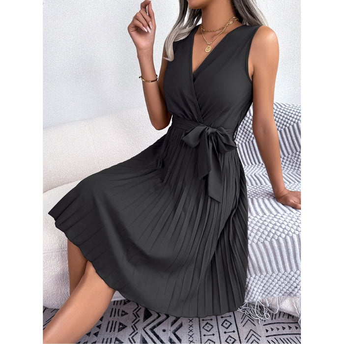 Tied Surplice Sleeveless Pleated Dress