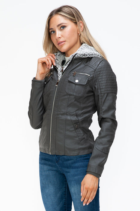 Removable Faux Layered Multi-Pocket Jacket with Fuzzy Hood