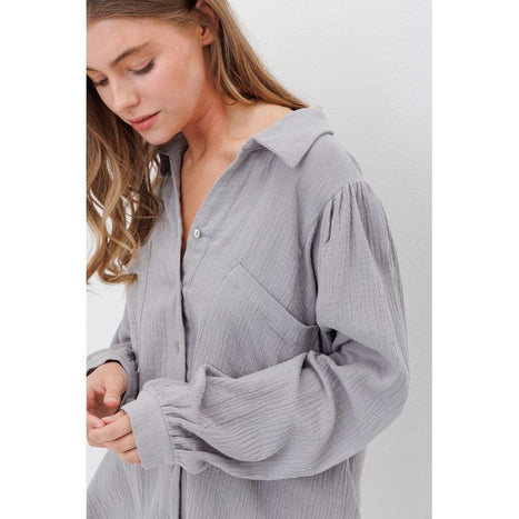 TEXTURED GAUZE BUTTON DOWN PUFF SLEEVES BLOUSE TOP