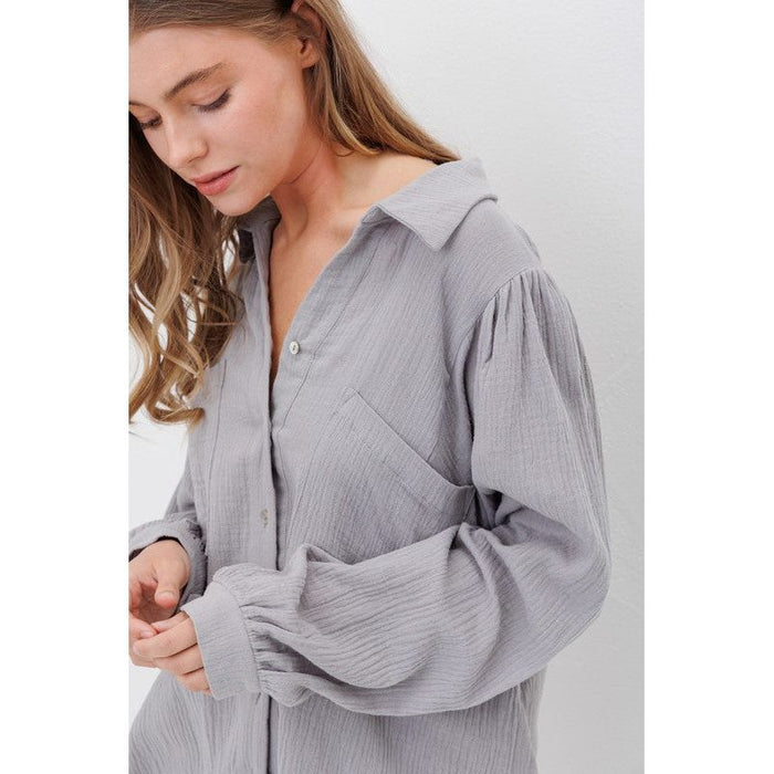 TEXTURED GAUZE BUTTON DOWN PUFF SLEEVES BLOUSE TOP