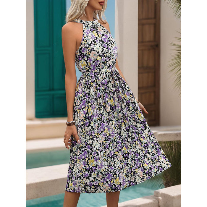 Printed Tie Waist Pleated Dress